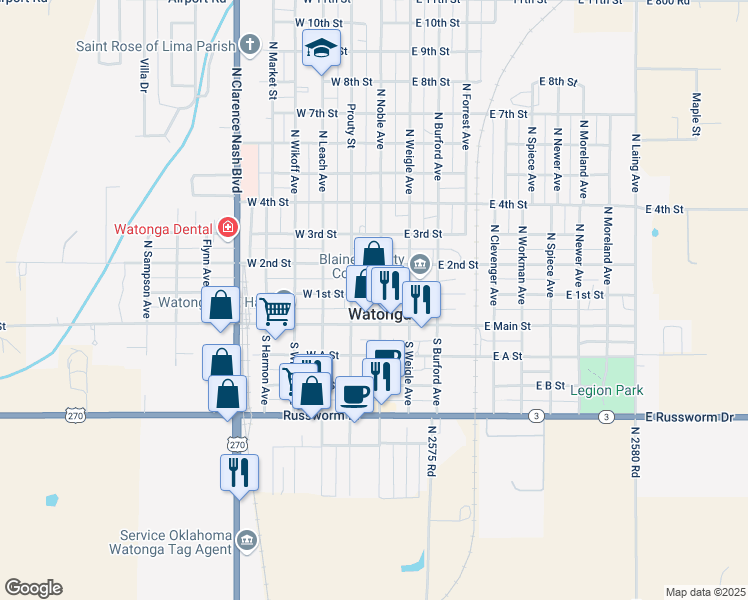 map of restaurants, bars, coffee shops, grocery stores, and more near 121 North Noble Avenue in Watonga
