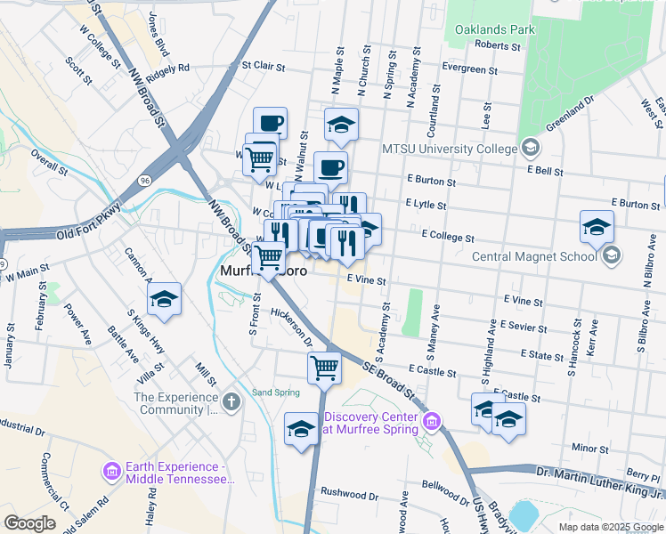 map of restaurants, bars, coffee shops, grocery stores, and more near 1 South Public Square in Murfreesboro