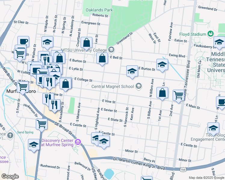 map of restaurants, bars, coffee shops, grocery stores, and more near 537 East Main Street in Murfreesboro