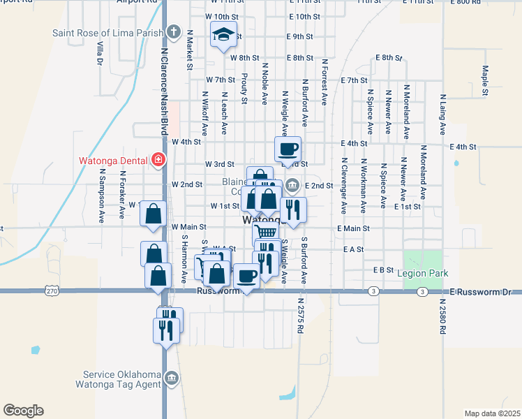 map of restaurants, bars, coffee shops, grocery stores, and more near 121 North Noble Avenue in Watonga