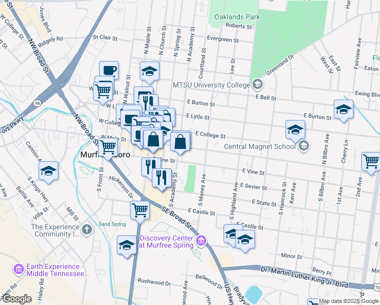 map of restaurants, bars, coffee shops, grocery stores, and more near 320 East Main Street in Murfreesboro