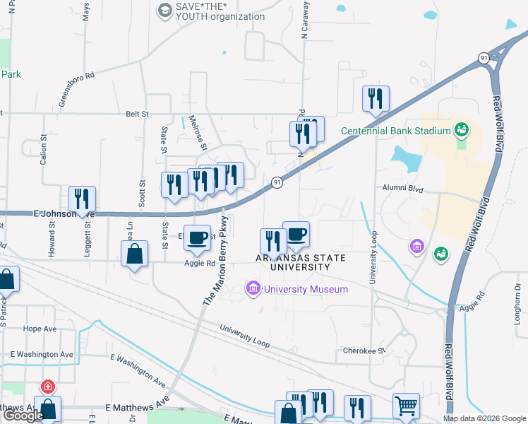 map of restaurants, bars, coffee shops, grocery stores, and more near 112 Dean Street in Jonesboro