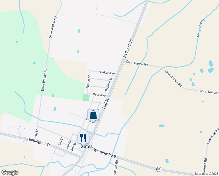 map of restaurants, bars, coffee shops, grocery stores, and more near 72 Riddick Street in Gates