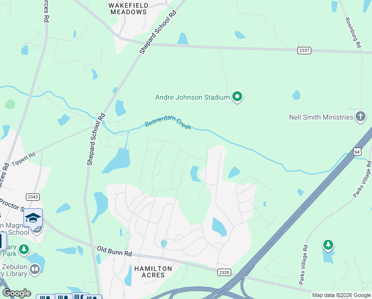 map of restaurants, bars, coffee shops, grocery stores, and more near 341 Logan Creek Drive in Zebulon