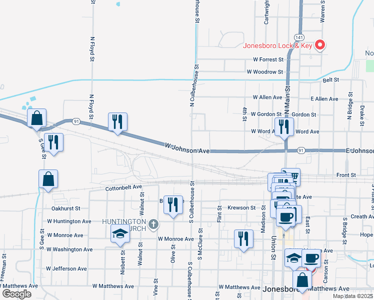 map of restaurants, bars, coffee shops, grocery stores, and more near 714 West Johnson Avenue in Jonesboro