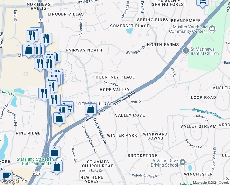 map of restaurants, bars, coffee shops, grocery stores, and more near 4609 Lavista Court in Raleigh