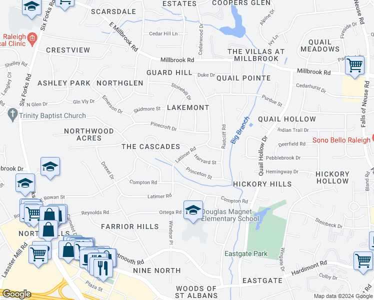 map of restaurants, bars, coffee shops, grocery stores, and more near 4609 Latimer Road in Raleigh