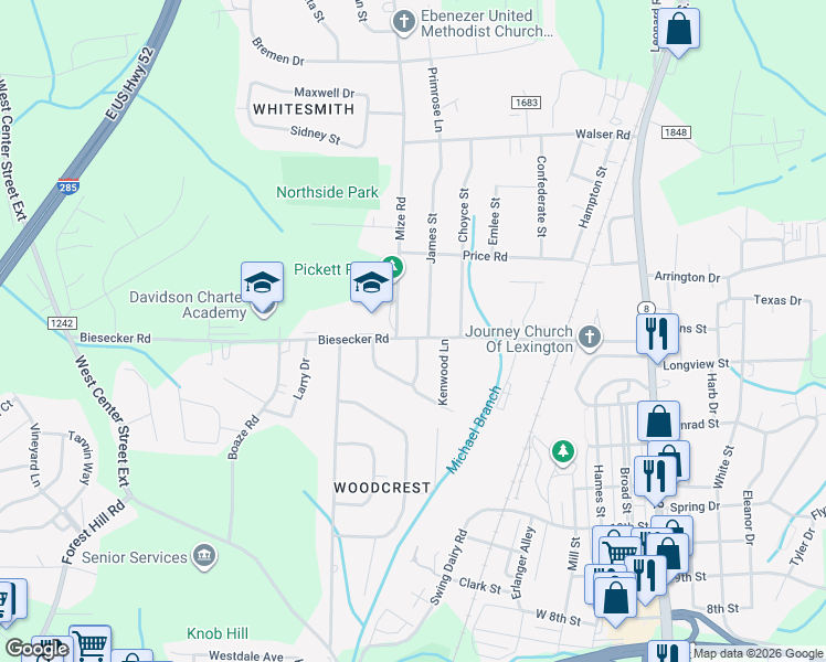 map of restaurants, bars, coffee shops, grocery stores, and more near 124 Biesecker Road in Lexington