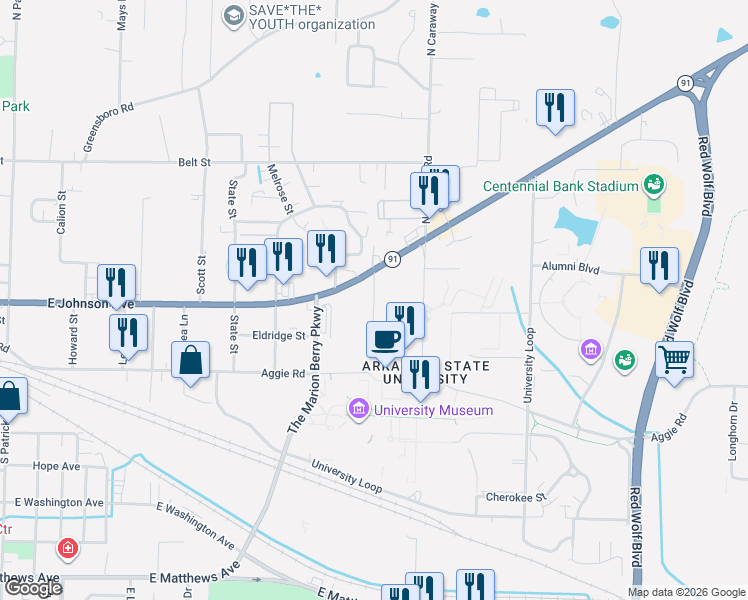map of restaurants, bars, coffee shops, grocery stores, and more near 112 Dean Street in Jonesboro