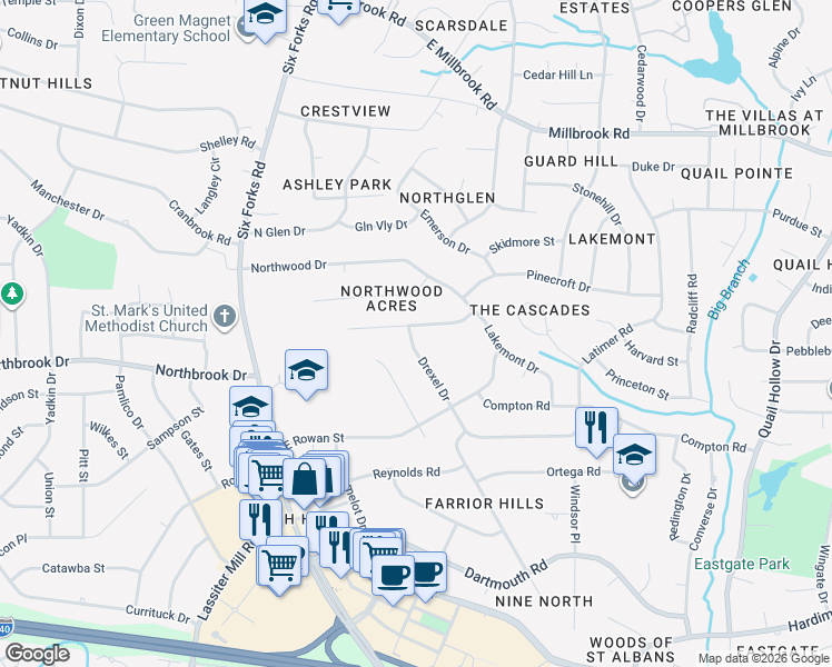 map of restaurants, bars, coffee shops, grocery stores, and more near 227 Westridge Dr in Raleigh
