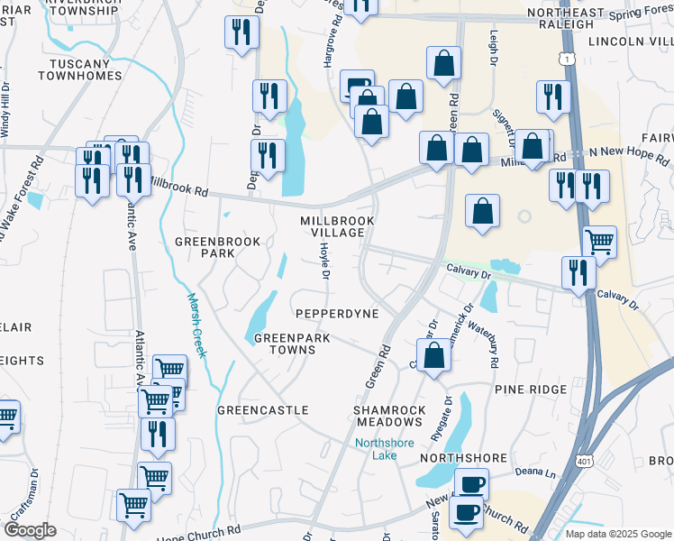 map of restaurants, bars, coffee shops, grocery stores, and more near 4804 Hoyle Drive in Raleigh