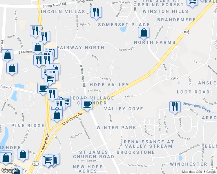 map of restaurants, bars, coffee shops, grocery stores, and more near 4600 Nesbit Court in Raleigh