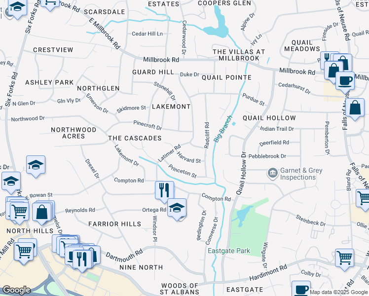 map of restaurants, bars, coffee shops, grocery stores, and more near 4708 Latimer Road in Raleigh