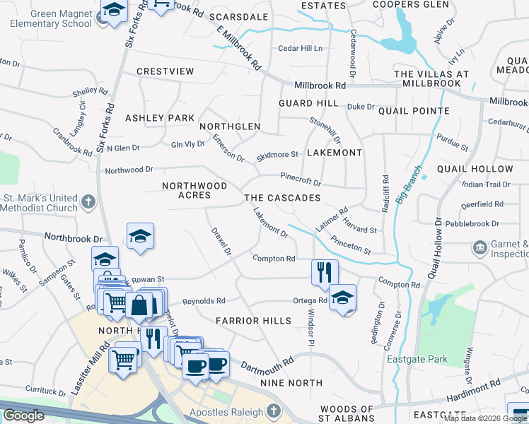 map of restaurants, bars, coffee shops, grocery stores, and more near 4904 Lakemont Drive in Raleigh
