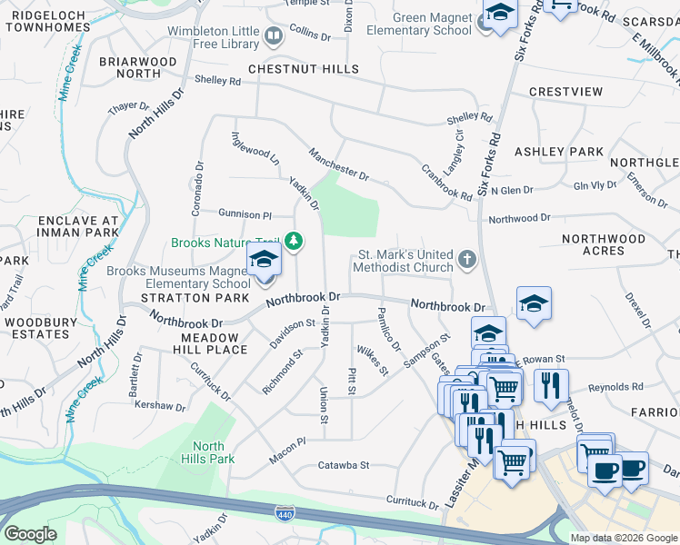 map of restaurants, bars, coffee shops, grocery stores, and more near 4709 Stiller Street in Raleigh