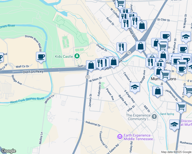 map of restaurants, bars, coffee shops, grocery stores, and more near 924 West Main Street in Murfreesboro