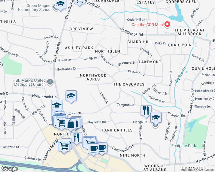map of restaurants, bars, coffee shops, grocery stores, and more near 205 Westridge Drive in Raleigh