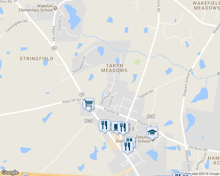 map of restaurants, bars, coffee shops, grocery stores, and more near 3011 Watsonia Drive in Zebulon