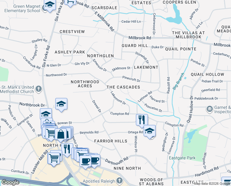 map of restaurants, bars, coffee shops, grocery stores, and more near 4904 Lakemont Drive in Raleigh