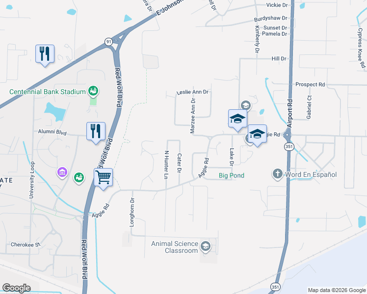 map of restaurants, bars, coffee shops, grocery stores, and more near 3521 Bess Drive in Jonesboro