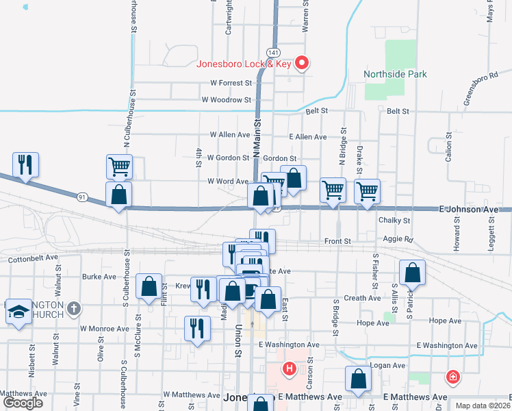 map of restaurants, bars, coffee shops, grocery stores, and more near 202 North Main Street in Jonesboro
