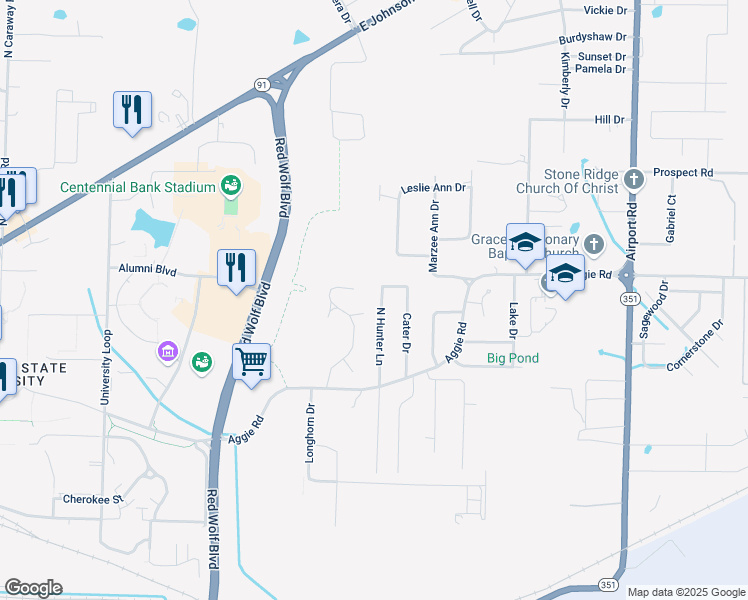 map of restaurants, bars, coffee shops, grocery stores, and more near 207 North Hunter Lane in Jonesboro