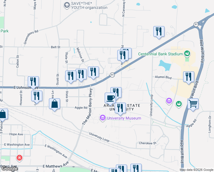 map of restaurants, bars, coffee shops, grocery stores, and more near 112 Dean Street in Jonesboro