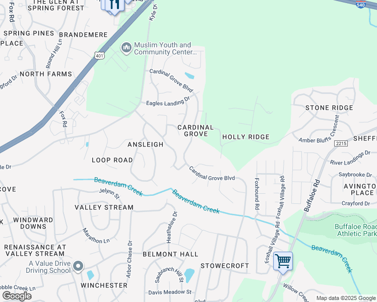 map of restaurants, bars, coffee shops, grocery stores, and more near 5016 Cardinal Grove Boulevard in Raleigh