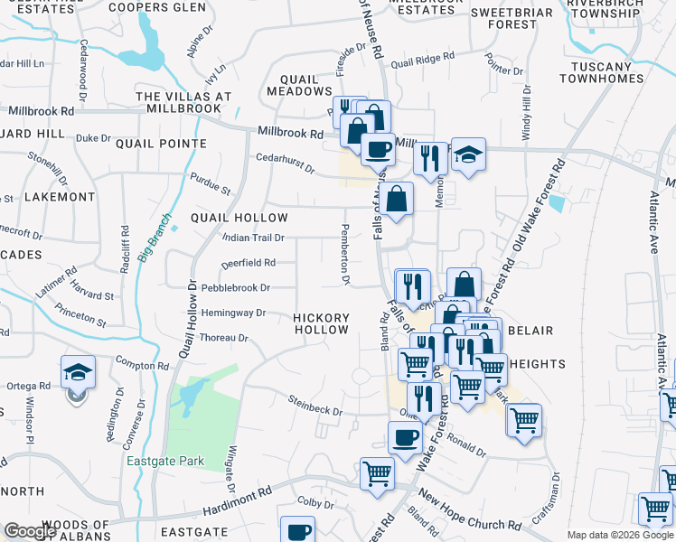 map of restaurants, bars, coffee shops, grocery stores, and more near 4705 Pemberton Drive in Raleigh