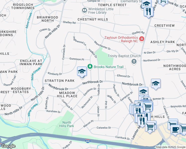 map of restaurants, bars, coffee shops, grocery stores, and more near 4712 Rampart St in Raleigh