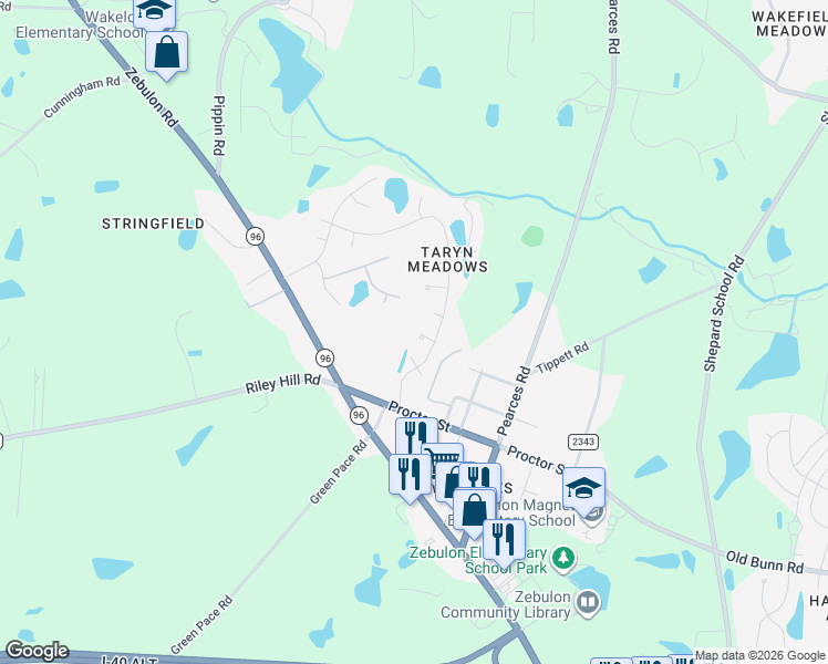 map of restaurants, bars, coffee shops, grocery stores, and more near 4009 Freesia Court in Zebulon