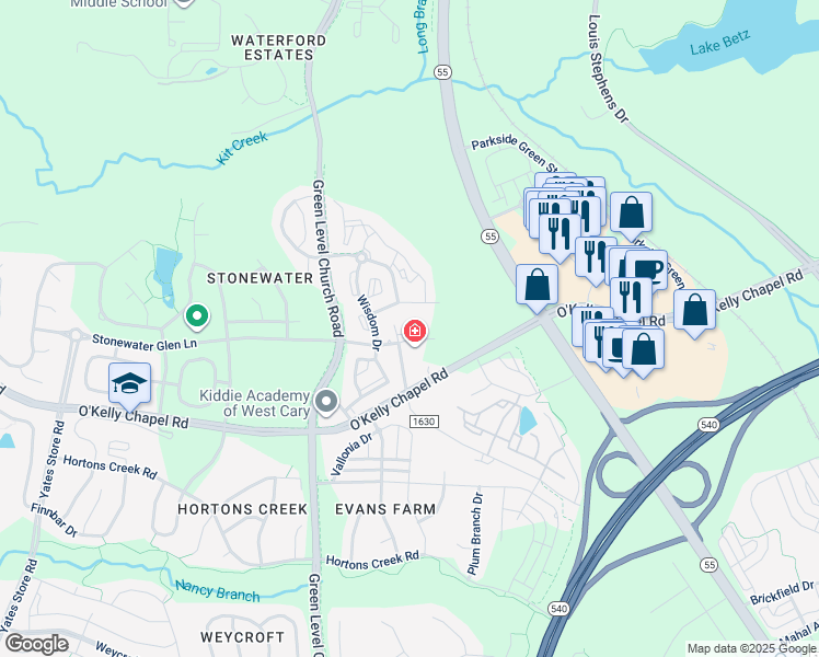 map of restaurants, bars, coffee shops, grocery stores, and more near 2400 Alston Avenue in Cary