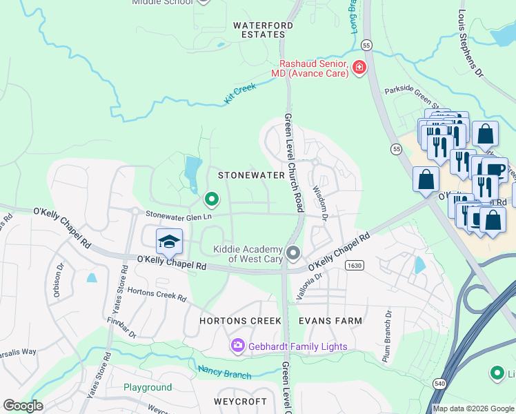 map of restaurants, bars, coffee shops, grocery stores, and more near 1032 Pueblo Ridge Place in Cary