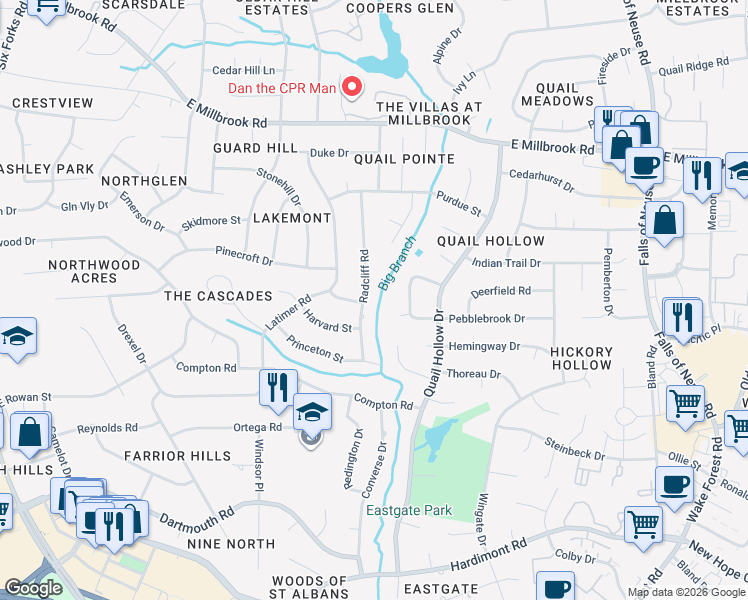 map of restaurants, bars, coffee shops, grocery stores, and more near 4717 Radcliff Road in Raleigh