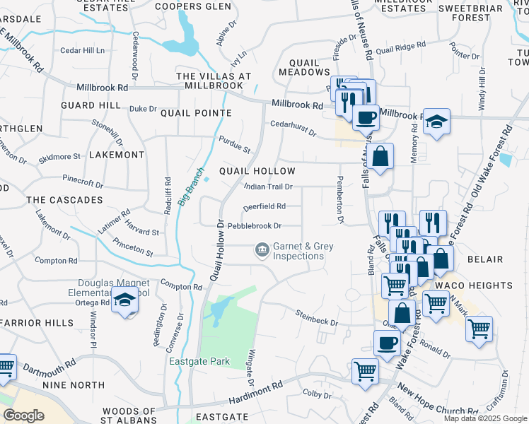 map of restaurants, bars, coffee shops, grocery stores, and more near 926 Deerfield Road in Raleigh