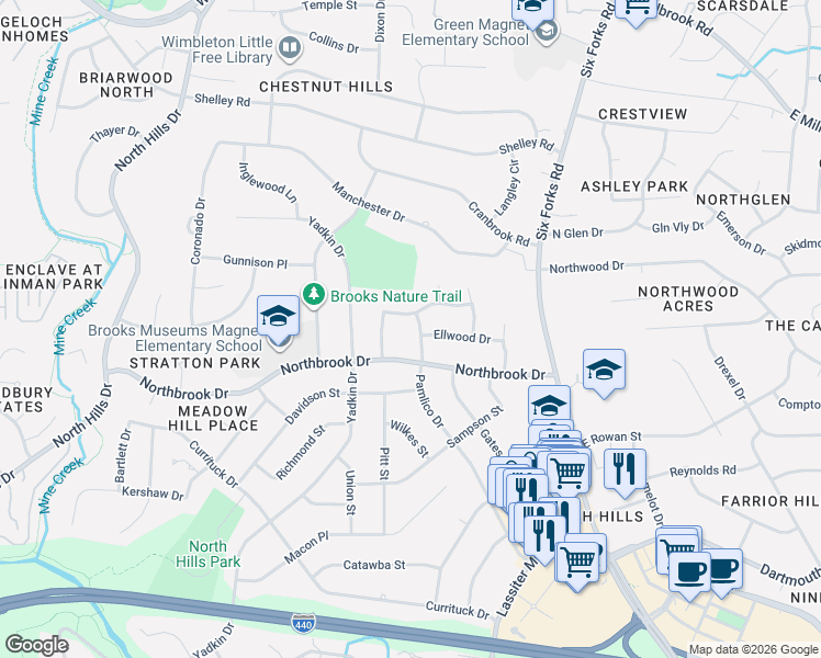 map of restaurants, bars, coffee shops, grocery stores, and more near 4711 Pamlico Drive in Raleigh