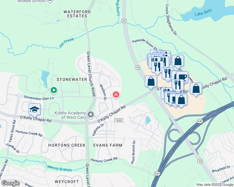 map of restaurants, bars, coffee shops, grocery stores, and more near 2400 Alston Avenue in Cary