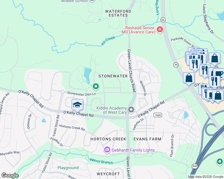 map of restaurants, bars, coffee shops, grocery stores, and more near 1032 Pueblo Ridge Place in Cary