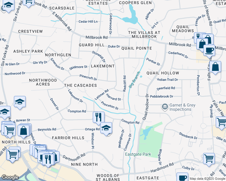 map of restaurants, bars, coffee shops, grocery stores, and more near 4708 Latimer Road in Raleigh