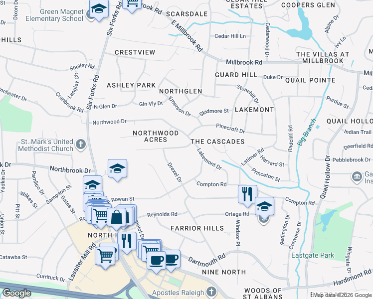 map of restaurants, bars, coffee shops, grocery stores, and more near 205 Westridge Drive in Raleigh