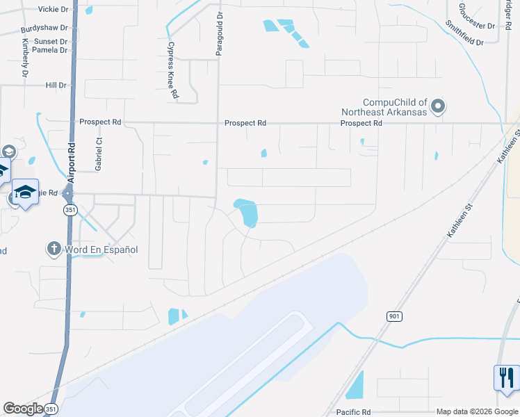 map of restaurants, bars, coffee shops, grocery stores, and more near 4809 Prospector Drive in Jonesboro