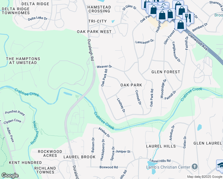 map of restaurants, bars, coffee shops, grocery stores, and more near 4105 Stranaver Place in Raleigh