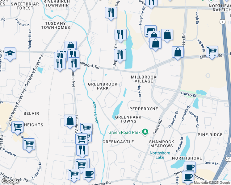 map of restaurants, bars, coffee shops, grocery stores, and more near 4752 Walden Pond Drive in Raleigh