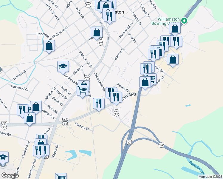 map of restaurants, bars, coffee shops, grocery stores, and more near 103 Plymouth Street in Williamston
