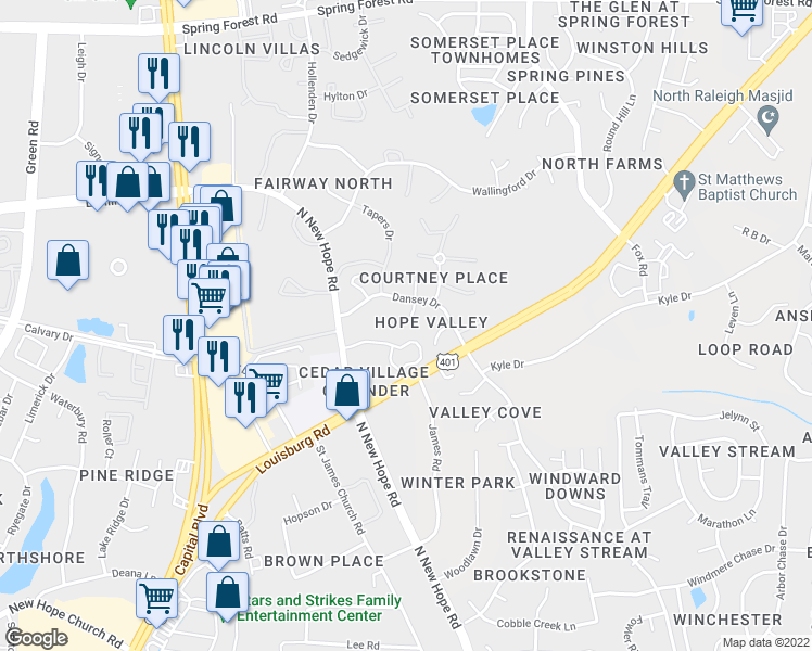 map of restaurants, bars, coffee shops, grocery stores, and more near 4600 Nesbit Court in Raleigh