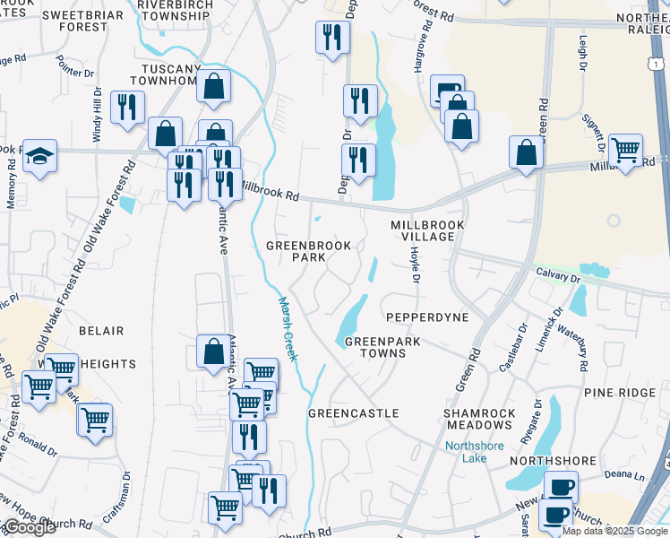 map of restaurants, bars, coffee shops, grocery stores, and more near 4711 Walden Pond Drive in Raleigh