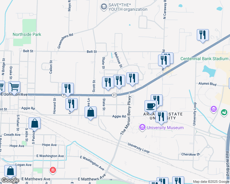 map of restaurants, bars, coffee shops, grocery stores, and more near 1830 East Johnson Avenue in Jonesboro