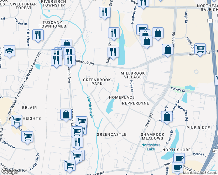 map of restaurants, bars, coffee shops, grocery stores, and more near 4719 Walden Pond Drive in Raleigh