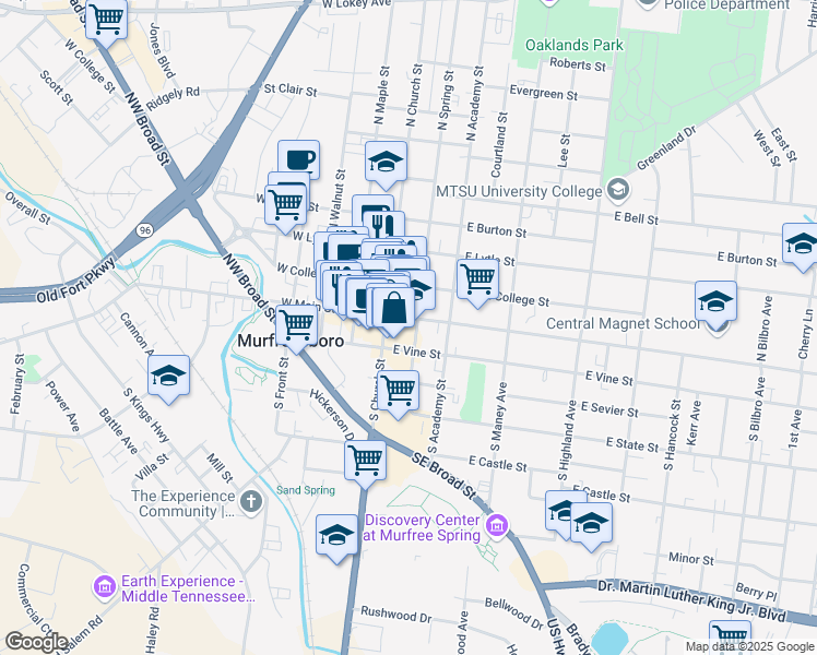 map of restaurants, bars, coffee shops, grocery stores, and more near in Murfreesboro