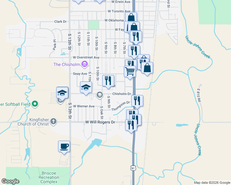map of restaurants, bars, coffee shops, grocery stores, and more near 302 South 8th Street in Kingfisher